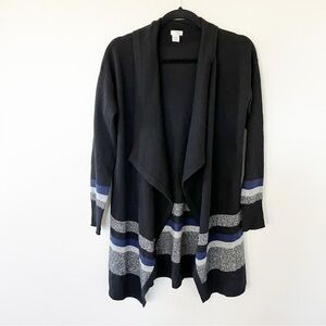 Halogen cashmere long line open cardigan black blue gray white stripe women’s xs